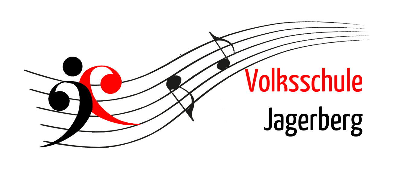Das Bild zeigt ein Logo mit Musiknoten in Schwarz und Rot, wobei das Wort 'Volks' in Rot oben und 'Jage' in Rot unten geschrieben ist.
