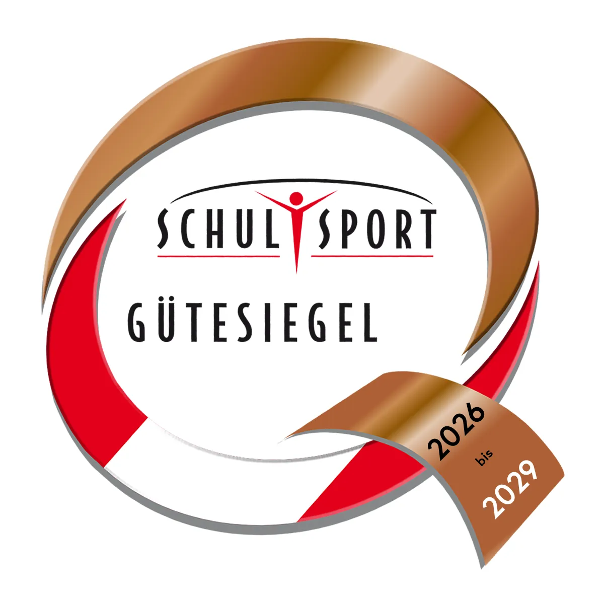 Das Bild zeigt ein Logo für das 'Schulsport Gutsiegel', eine Zertifizierung für Schulsportprogramme, gültig von 2026 bis 2029.