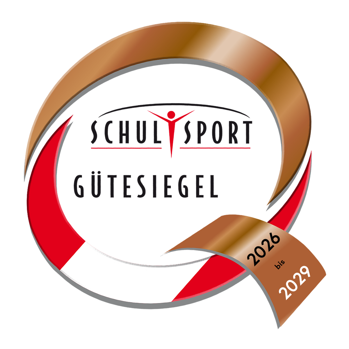 Das Bild zeigt ein Logo für das 'Schulsport Gutsiegel', eine Zertifizierung für Schulsportprogramme, gültig von 2026 bis 2029.