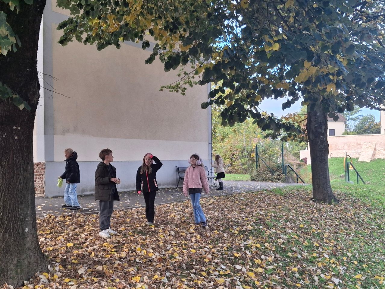 Fünf Personen stehen draußen in der Nähe eines Baumes mit bunten Blättern. Eine Person trägt Kopfhörer und hält einen Becher. Eine weitere Person steht auf dem Gras. Ein Gebäude und Treppen sind hinter ihnen.