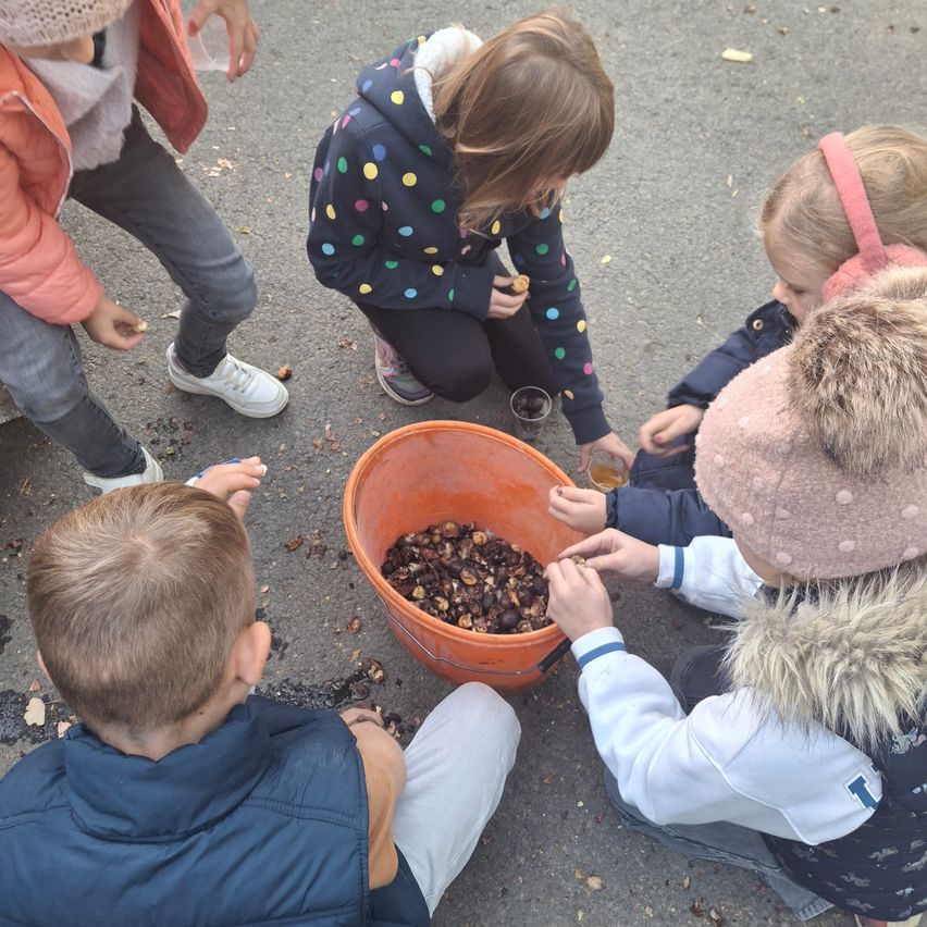 Eine Gruppe von Kindern ist um einen orangefarbenen Eimer versammelt, einige schauen hinein, während andere Gegenstände halten. Sie scheinen draußen eine Aktivität zu machen.