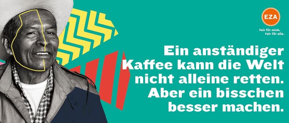 Schwarz-weißes Foto eines lächelnden Mannes mit Cowboyhut, vorgründig mit fetter Schrift, die lautet: 'Kaffee allein kann nicht...'