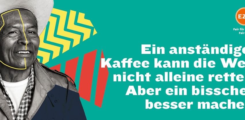 Schwarz-weißes Foto eines lächelnden Mannes mit Cowboyhut, vorgründig mit fetter Schrift, die lautet: 'Kaffee allein kann nicht...'