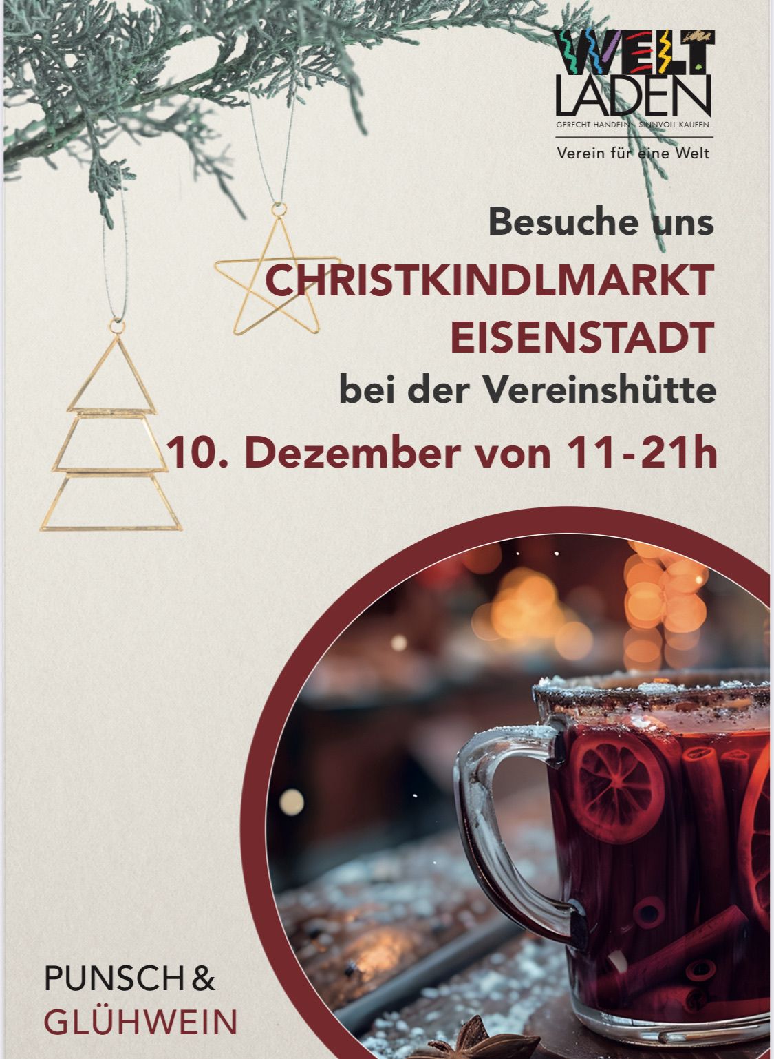 Plakat für einen Weihnachtsmarkt in Eisenstadt am 10. Dezember von 11-21 Uhr, mit einem warmen Getränk mit Gewürzen.