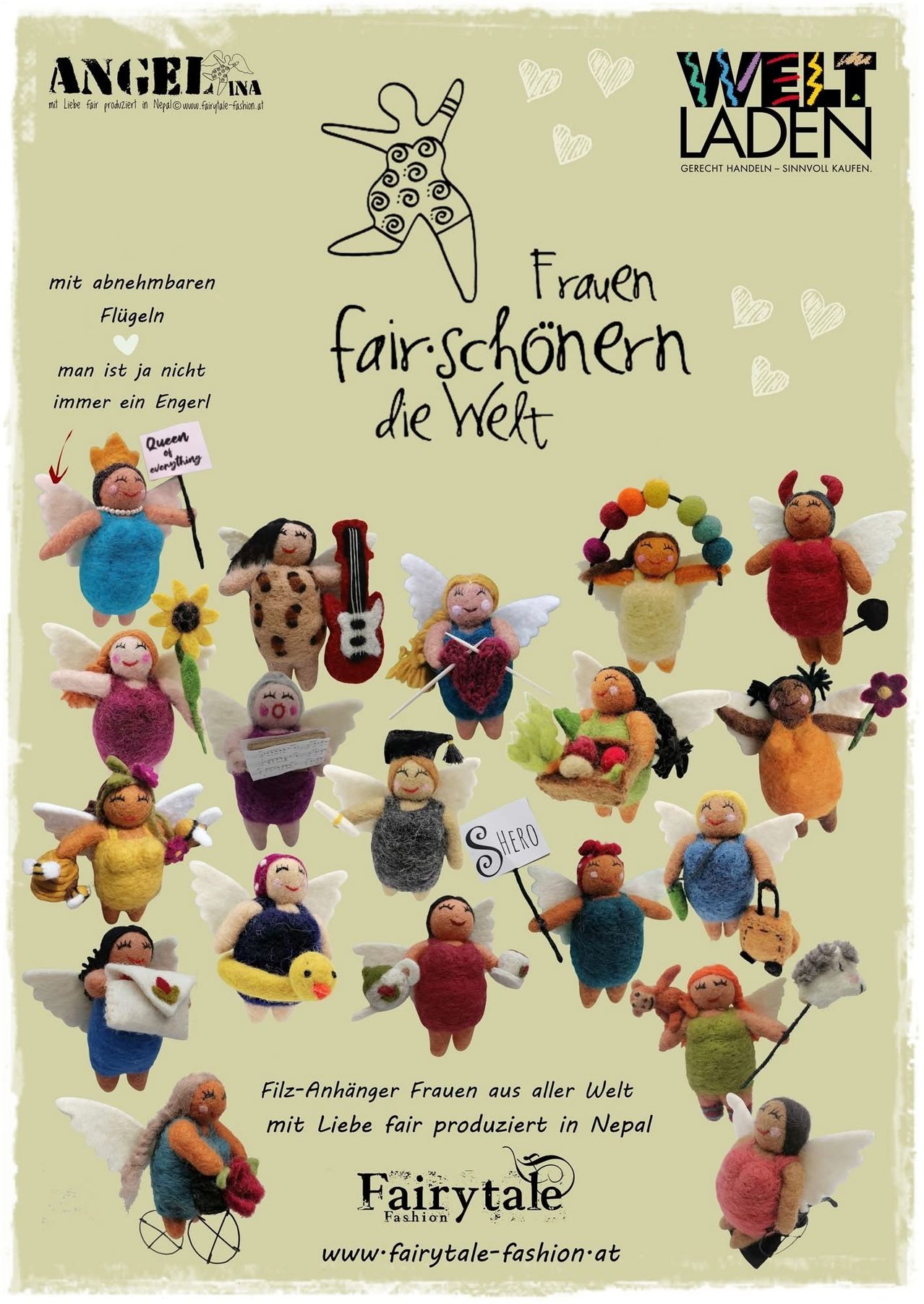 Eine Sammlung von engelsgleichen Figuren mit unterschiedlichen Flügeln und Attributen, jede hält Schilder verschiedener Berufe und Rollen, vor einem hellgrünen Hintergrund.