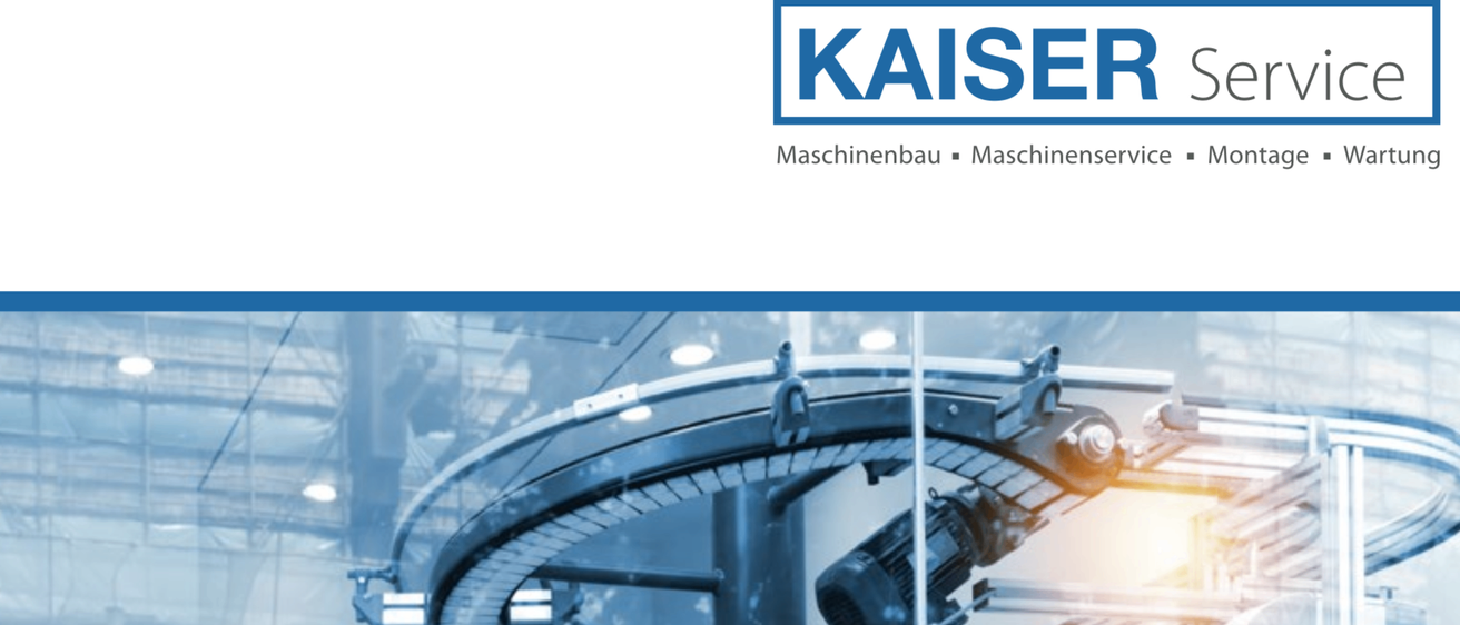 Ein Bild eines Kaiser Service Flyers. Es zeigt eine Fabrik mit moderner Maschinerie. Das Logo lautet 'Kaiser Service' mit einem blau-weißen Farbschema.