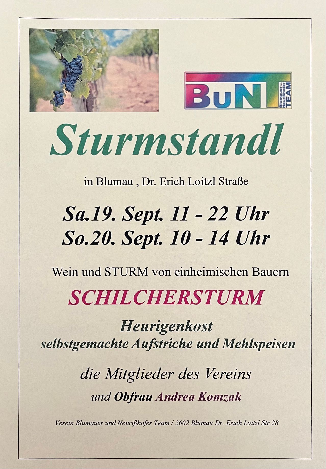 Poster for Sturmstand event in Blumau, featuring local wine and food, hosted by local farmers. Dates and times are listed.