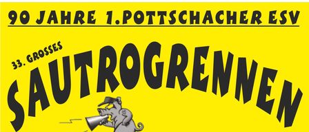 Plakat für eine Veranstaltung namens 'Sautrourennen am Eisteich'. Es zeigt ein Schwein in einem Boot, mit Text in deutscher Sprache. Die Veranstaltung findet am Samstag, den 11. Juli 2026 statt, Beginn um 14 Uhr. Der Eintritt ist frei. Es gibt einen Preis von 750 Euro. Essen und Getränke sind verfügbar.