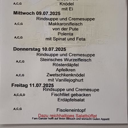 Menü für Mittwoch, 09.07.2025: Rindsuppe und Cremesuppe, Makkaronifleisch von der Pute, Polenta mit Spinat und Feta. Donnerstag, 10.07.2025: Rindsuppe und Cremesuppe, Steirisches Wurzelfleisch, Rösterdäpfel, Apfelkren, Zwetschkenknödel mit Vanillejoghurt. Freitag, 11.07.2025: Rindsuppe und Cremesuppe, Fischfilet gebacken, Erdäpfelsalat, und eine Auswahl an Salaten.