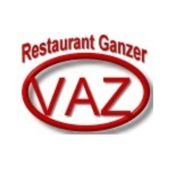 Das Logo für Restaurant Ganzer VAZ ist abgebildet. Es zeigt den Namen VAZ in fetten roten Buchstaben, eingeschlossen in einer roten ovalen Form. Der oval hat einen leichten Schatteneffekt, der Tiefe verleiht. Der Hintergrund ist schlicht weiß.