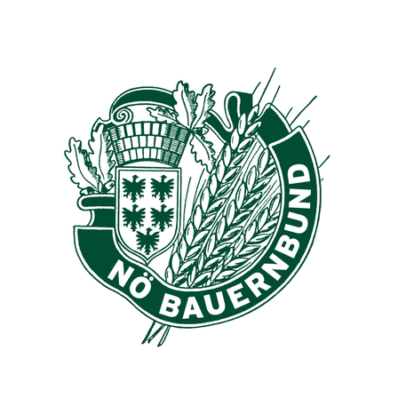 Grünes Emblem mit einem Schild mit zwei Adlern und Weizenähren, umgeben von Blättern. Der Text lautet 'NÖ BAUERNBUND'.