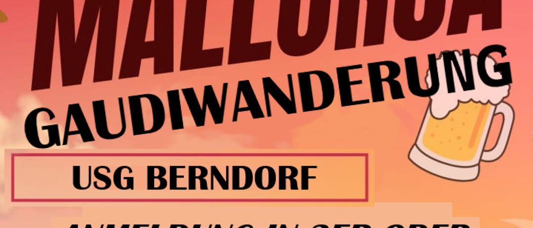 Werbeposter für die Mallorca Gaudiwandering-Veranstaltung am 29. August 2026. Anmeldung in 3er oder 4er Teams möglich, mit thematischen Spielen und einer Party ohne Ende. QR-Code für weitere Informationen.