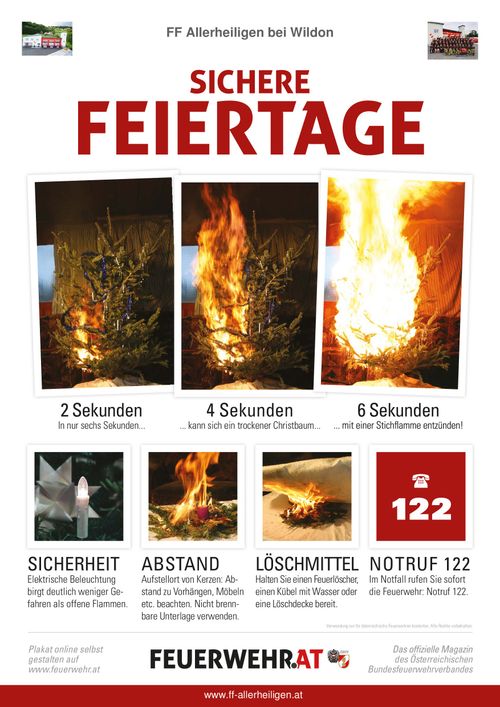 Ein Poster zeigt die schnelle Entzündung dekorierter Weihnachtsbäume, mit einer Progression von 2 bis 6 Sekunden. Es betont Sicherheit mit einem Kerzensymbol, Abstand mit einem Baumsymbol und Löschen mit einem Feuerlöscher. Die Notrufnummer 122 wird hervorgehoben.