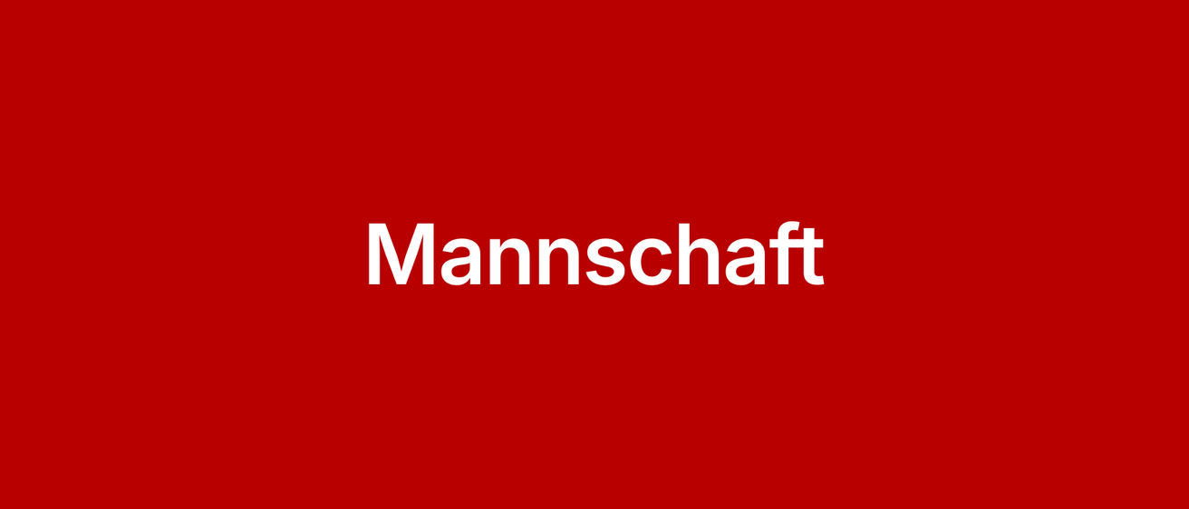 Ein roter Hintergrund mit weißem Text, der in großen, fetten Buchstaben 'Mannschaft' schreibt.