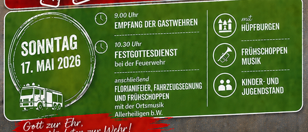 Plakat für das Allerheiligen-Event in Wildon mit einem Feuerwehrauto, einer Feuerwache und verschiedenen Zeiten für Veranstaltungen am 15. und 17. Mai 2026. DJs und Gastredner sind dabei.