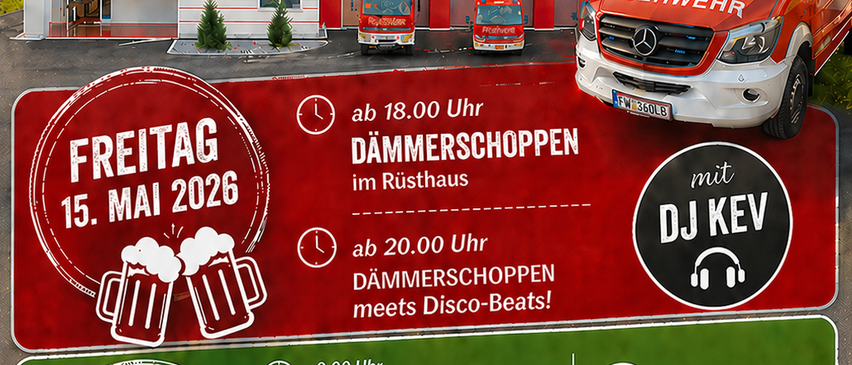 Plakat für die Allerheiligen bei Wildon Veranstaltung. Zeigt eine Feuerwache mit Trucks, ein Feuerwehrauto, DJ Kev Logo und die Daten 15. und 17. Mai 2026. Beinhaltet Zeiten für Veranstaltungen, einschließlich Empfang, Gottesdienst und Kinderaktivitäten.