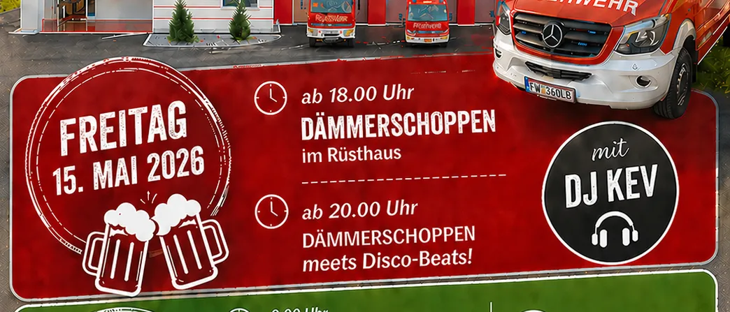Plakat für die Allerheiligen bei Wildon Veranstaltung. Zeigt eine Feuerwache mit Trucks, ein Feuerwehrauto, DJ Kev Logo und die Daten 15. und 17. Mai 2026. Beinhaltet Zeiten für Veranstaltungen, einschließlich Empfang, Gottesdienst und Kinderaktivitäten.