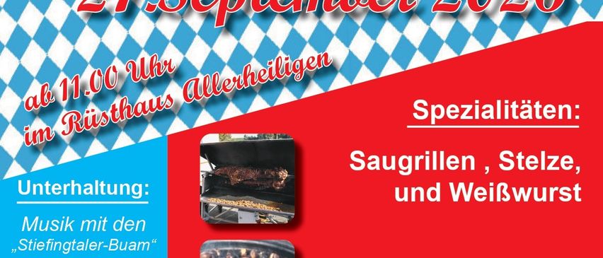 Plakat für ein Oktoberfest-Event am 27. September 2026 mit gegrilltem Fleisch, Musik von 'Stiefingtaler Buam' und einer großen Niederlage um 14:30 Uhr.