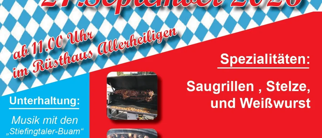 Plakat für ein Oktoberfest-Event am 27. September 2026 mit gegrilltem Fleisch, Musik von 'Stiefingtaler Buam' und einer großen Niederlage um 14:30 Uhr.