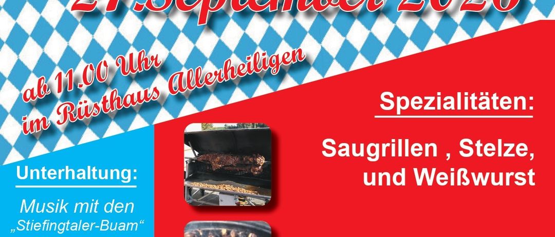 Plakat für ein Oktoberfest-Event am 27. September 2026 mit gegrilltem Fleisch, Musik von 'Stiefingtaler Buam' und einer großen Niederlage um 14:30 Uhr.