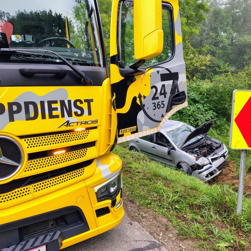 Ein gelbes Notfallfahrzeug mit der Aufschrift 'PPDIENST ACTROS' steht mit offener Tür am Straßenrand. In der Nähe ist ein silbernes Auto mit offenem Motorhaube auf dem Gras geneigt.