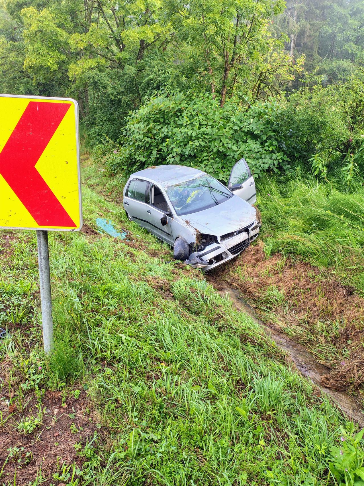 Ein silbernes Auto ist auf einem Grashang beschädigt, mit zertrümmertem vorderen Stoßfänger und offener Fahrertür. Ein gelbes und rotes Schild ist in der Nähe.