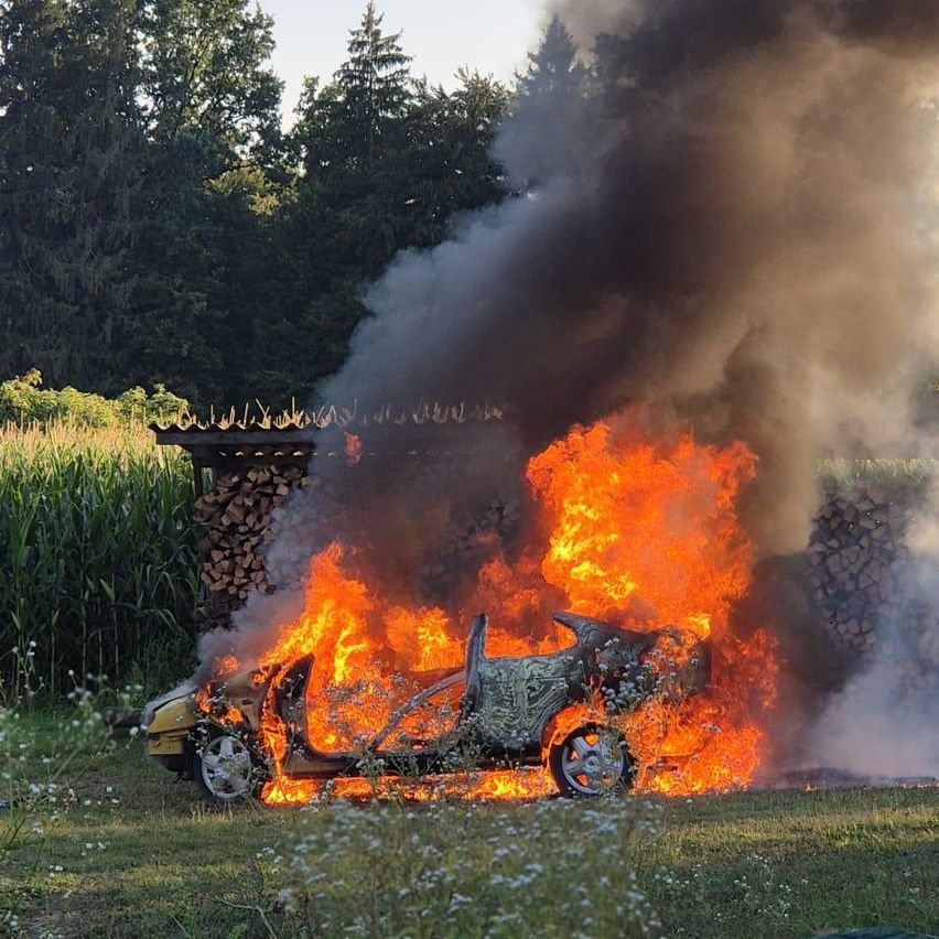 Ein ausgebranntes Auto steht in einem Grasfeld in Flammen, mit einem Holzstapel dahinter. Bäume und Pflanzen umgeben das Gebiet.