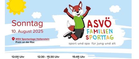 Plakat für den ASVO Familien-Sporttag am 10. August 2025. Es zeigt Aktivitäten wie Tennis, Fußball und Rollschuhfahren. Die Veranstaltung umfasst freien Eintritt, Essensstände und eine Tombola. Sportvereine stehen für Kinder zum Ausprobieren bereit.