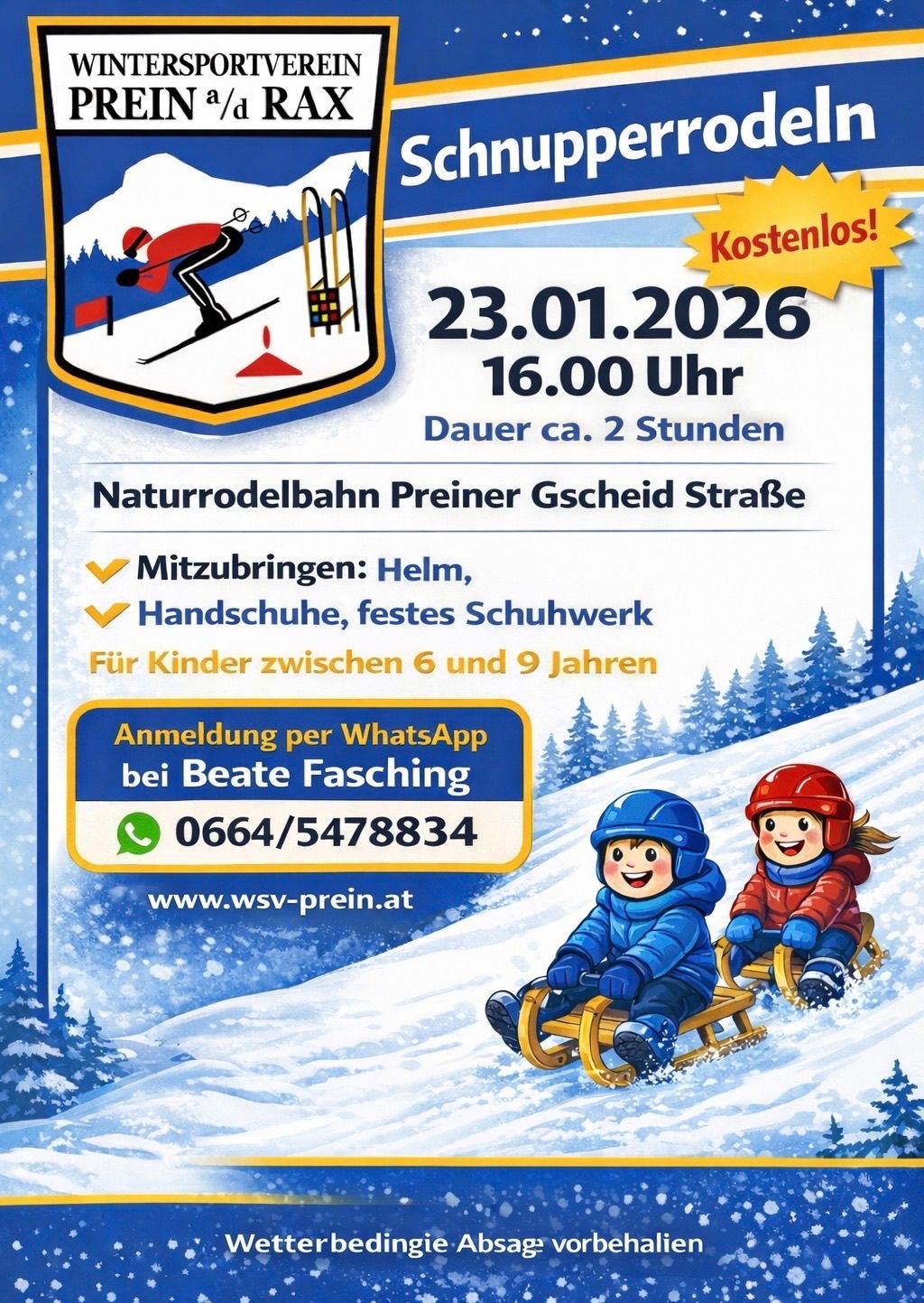 A flyer advertising a free toboggan ride for children aged 6 to 9 on January 23, 2026, at 4 PM, lasting about 2 hours. It requires helmets and sturdy shoes. Registration via WhatsApp with Beate Fasching.