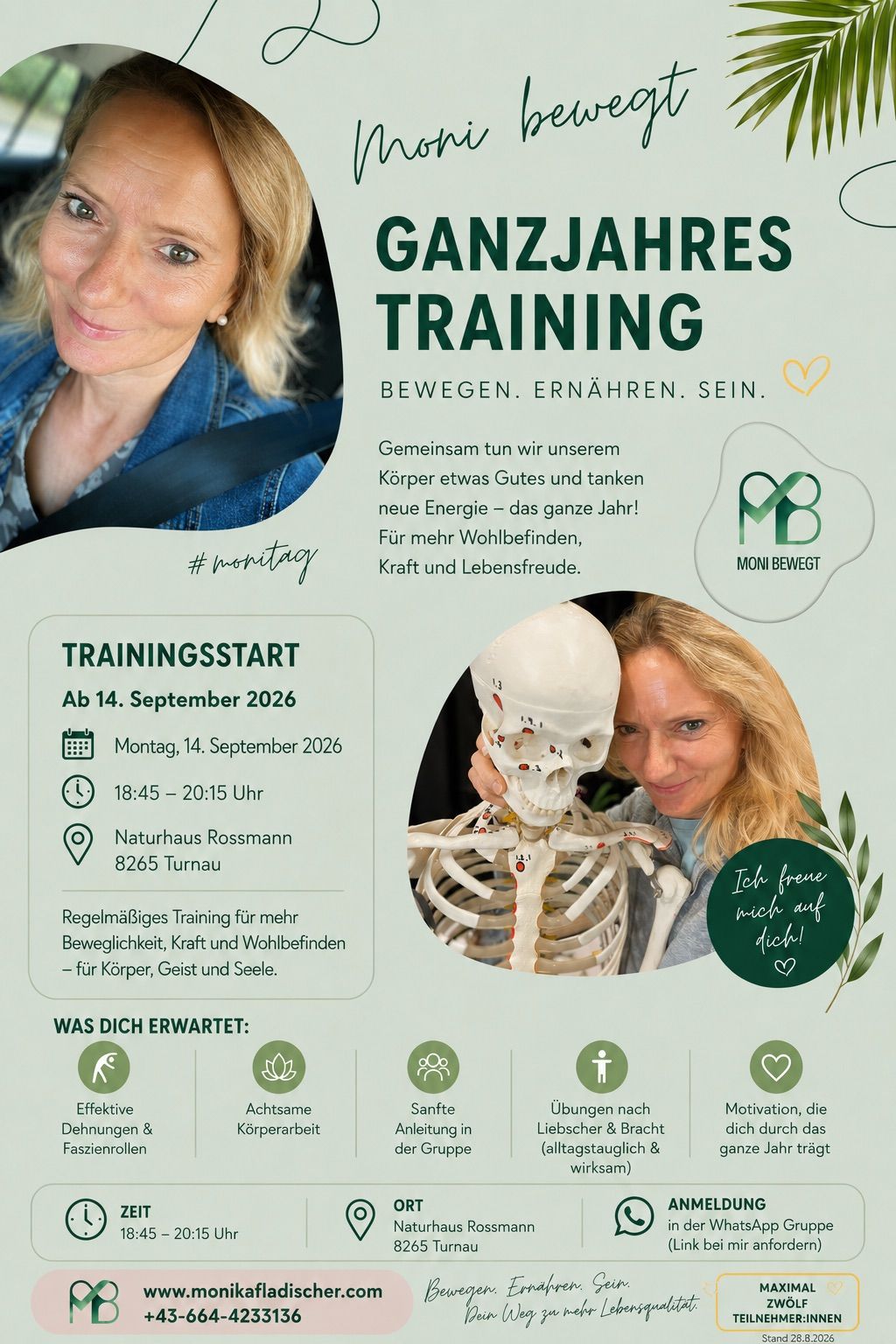 Ein Flyer für ein ganzjähriges Trainingsprogramm mit einer Frau, die ein Skelett hält, betont Bewegung, Ernährung und Sein. Das Programm beginnt am 14. September 2026 um 18:45 Uhr in Turnau. Es verspricht mehr Beweglichkeit, Kraft und Wohlbefinden.