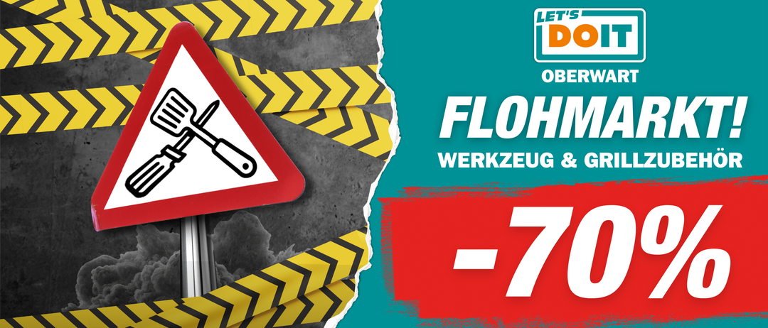 Ein Werbeplakat für FLOHMARKT Werkzeug mit einem roten und weißen Schild mit einem Werkzeugsymbol. Es zeigt einen Rabatt von 70% und den Preis von 25.