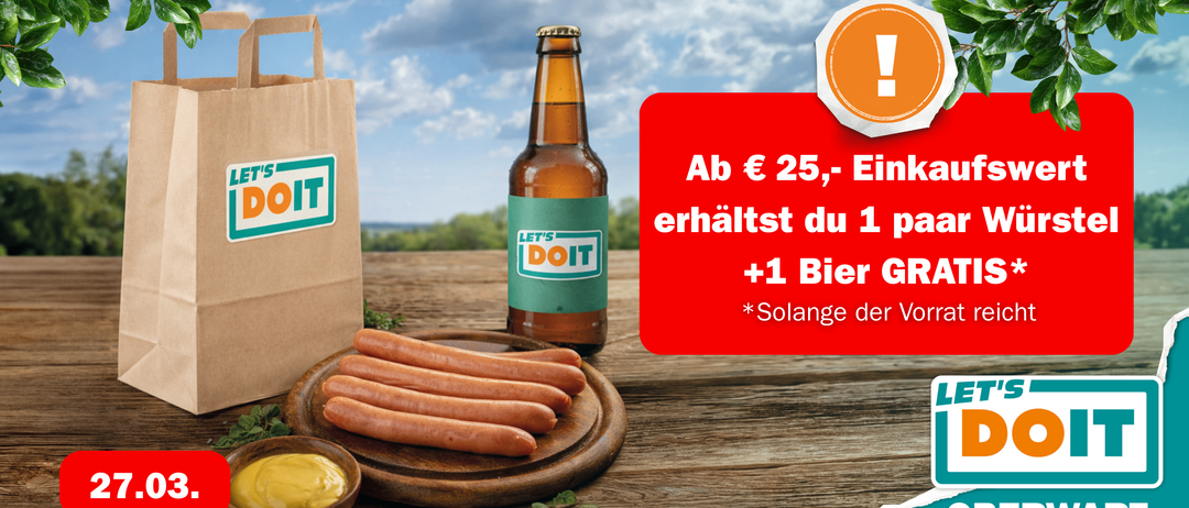 Eine Werbung für eine Bierflasche. Eine Bierflasche mit einem grünen Etikett, ein Teller mit Hot Dogs und ein Papierbeutel. Eine gelbe Schüssel mit Senf.