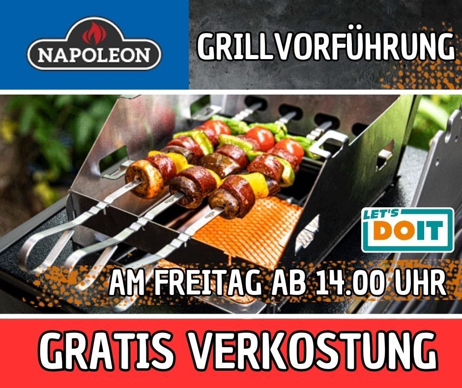Eine Werbung für Napoleon mit einem Grill, auf dem Spieße mit Gemüse und Fleisch stecken. Kostenlose Lieferung freitags ab 14 Uhr.