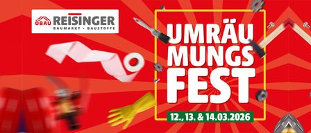 Ein rotes Poster bewirbt Ungers Baustoff-Event. Es zeigt einen Pinsel, Handschuhe und Klebeband. Die Veranstaltung dauert drei Tage, am 12., 13. und 14.