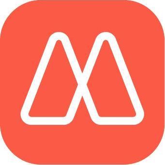 Ein rotes quadratisches Symbol mit einem weißen 'M' aus drei überlappenden Dreiecksformen in der Mitte.