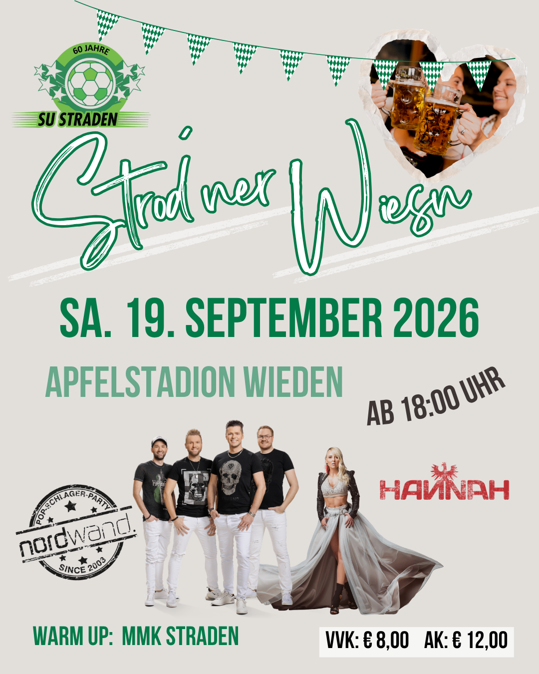 Poster for a music event featuring a band and a woman, with the date September 19, 2026, and the location Appelstadion Wieden.