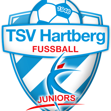 Das Logo für die Fußballmannschaft TSV Hartberg Juniors zeigt einen Fußball aus dem Jahr 1946 oben, mit blau-weißen Streifen auf schwarzem Hintergrund.