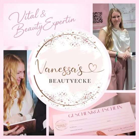 Eine Collage von Bildern mit einer Frau mit langen blonden Haaren, die ein Buch liest, einer Frau mit einem Tattoo auf der Schulter und einem Geschenkgutschein für Vanessas Beautyecke. Die Collage ist von rosa und weißen Designs umgeben.