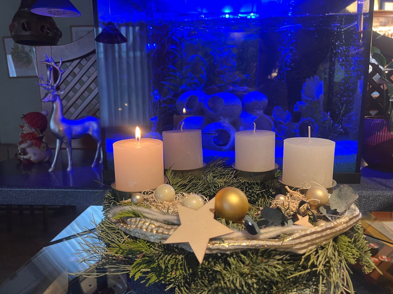 Ein Weihnachtskranz mit vier brennenden Kerzen und dekorativen Ornamenten vor einem Aquarium mit blauer Beleuchtung.