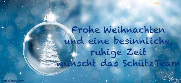 Ein Weihnachtsschmuck mit einem Baum im Inneren, blauer Bokeh-Hintergrund. Text: 'Frohe Weihnachten und eine besinnliche, ruhige Zeit wünscht das SchutzTeam'.