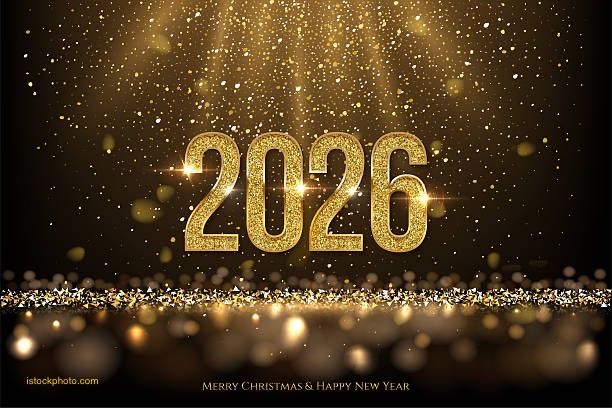 Eine goldene, glitzernde 2026 auf einem dunklen Hintergrund mit einer Frohes-Weihnachtsfest-und-Frohes-Neues-Jahr-Botschaft darunter.