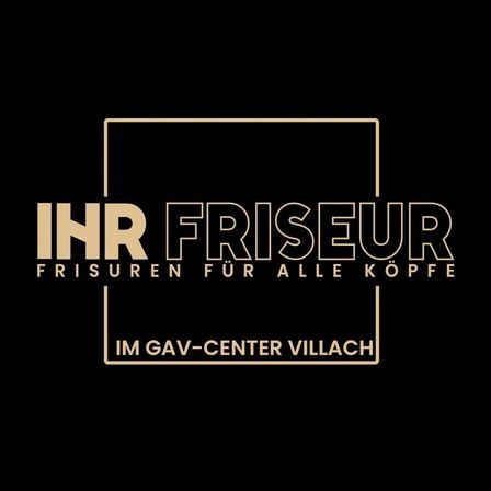 Auf schwarzem Hintergrund befindet sich ein Logo für 'IHR FRISEUR'. Es steht für 'Frisuren für alle Köpfe', mit dem Standort 'Im GAV-Center Villach'. Das Logo ist in einem goldfarbenen Quadrat eingefasst.
