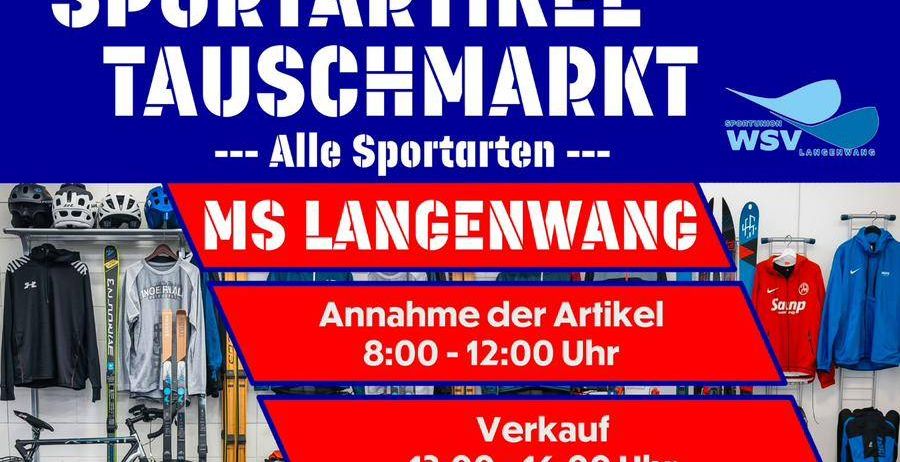 Plakat für einen Sportartikel-Tauschmarkt in Langenwang, 26. April. Beinhaltet Zeiten für Artikelannahme, Verkauf und Abrechnung. Zeigt verschiedene Sportausrüstung.