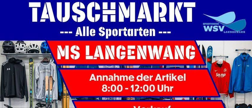 Poster for a sports article exchange event in Langenwang, April 26. Includes item collection, sale, and checkout times. Features various sports equipment.