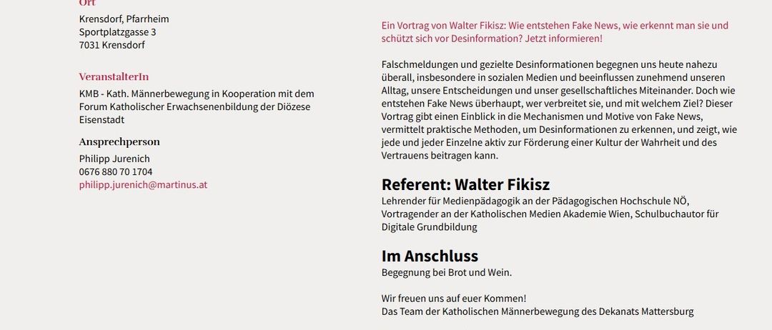 Vortrag von Walter Fikisz: Wie entstehen Fake News, wie schützt man sich vor Desinformation? Jetzt informieren! Falschmeldungen und gezielte Desinformationen sind allgegenwärtig, insbesondere in sozialen Medien. Der Vortrag gibt Einblicke in die Mechanismen und Motive hinter Fake News, und vermittelt praktische Methoden, um Desinformationen aktiv zu bekämpfen.