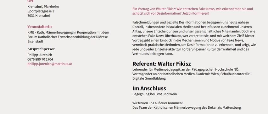Vortrag von Walter Fikisz: Wie entstehen Fake News, wie schützt man sich vor Desinformation? Jetzt informieren! Falschmeldungen und gezielte Desinformationen sind allgegenwärtig, insbesondere in sozialen Medien. Der Vortrag gibt Einblicke in die Mechanismen und Motive hinter Fake News, und vermittelt praktische Methoden, um Desinformationen aktiv zu bekämpfen.