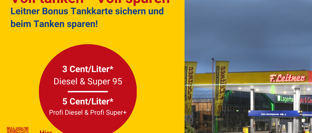 Werbeanzeige für Kraftstoff-Ersparnis. Rabatte auf Diesel und Super 95 werden angeboten. Ein roter Kreis hebt die Rabatte hervor. Die Anzeige zeigt auch ein Bild einer Tankstelle mit einem gelben Banner.