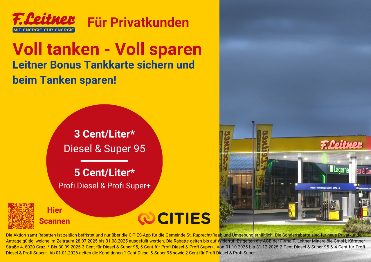Gelbes Plakat für Kraftstoffersparnis. Es steht '3 Cent/Liter* Diesel & Super 95' und '5 Cent/Liter* Profi Diesel & Profi Super+'. Darunter hebt ein roter Kreis das Sparangebot hervor. Der Hintergrund zeigt eine Tankstelle mit Bannern.