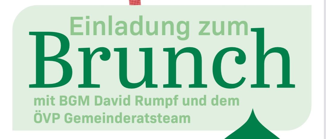 Invitation to brunch with BGM David Rumpf and the OVP Gemeinderatsteam on Sunday, 23.2.2025, from 9:00 to 12:00 at the Linde in St. Georgen. Food, coffee, and kitchen offerings.