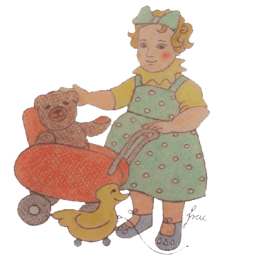 Eine Illustration einer kleinen Mädchen mit einem Bogen im Haar, das einen roten Kinderwagen mit einem braunen Teddybär und einer gelben Ente darin schiebt.